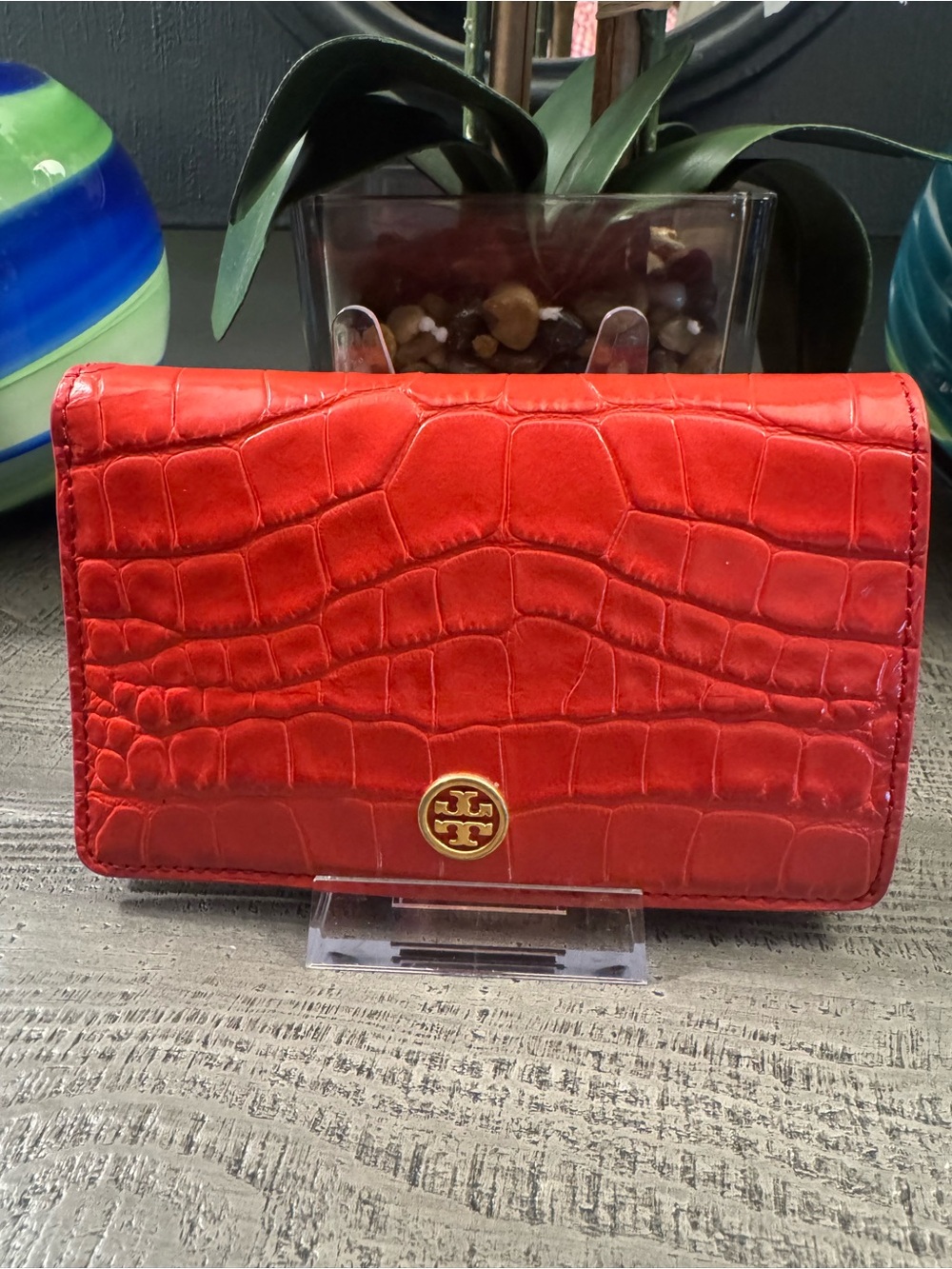 Tory Burch Red Croc-Embossed Wallet with Gold Tone Logo & Hardware